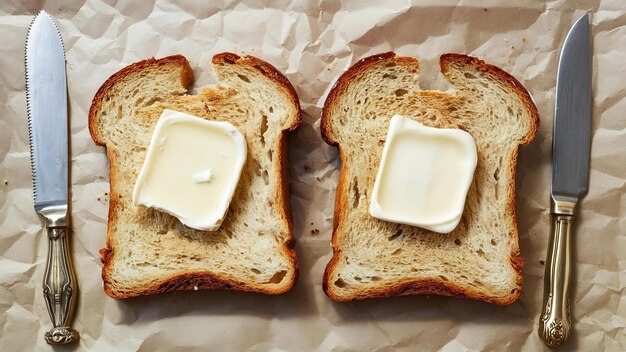 Top view of two slices of rye dry bread as toast with butter for breakfast with vintage knife on it