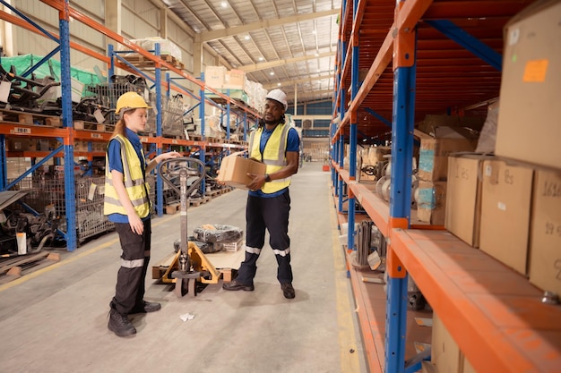 Top view of two warehouse workers pushing a pallet truck in a shipping and distribution warehouse