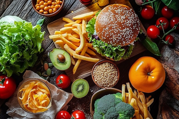 Top view unhealthy food versus healthy food