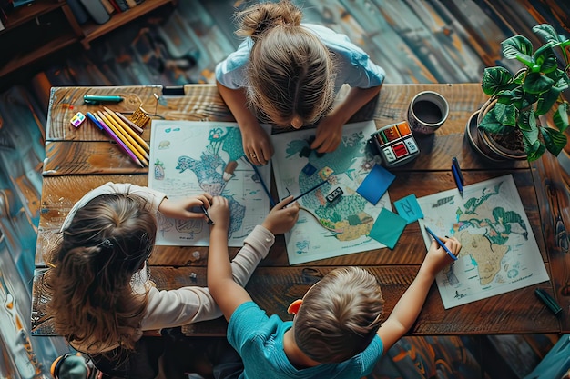 Photo top view of unrecognizable children drawing at home generative ai