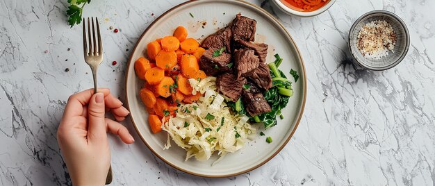 Photo top view of a unrecognized person eating an irish meal with beef carrot with a big space on desk for text or product advertisement generative ai