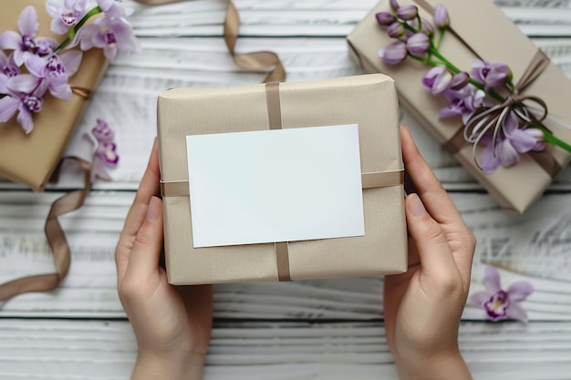 Photo top view of a unrecognized woman hand holding a white blank card over a white wooden surface with orchid flowers and space for text or product background generative ai