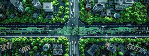 Photo a top view of an urban street with cars and green trees on the streets made from circuit boards depicting an electronic city buildings look similar to computer chips