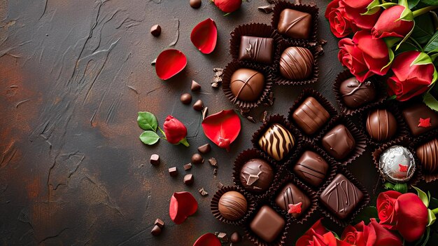 Photo top view valentines day love poster background with chocolates and roses copy space