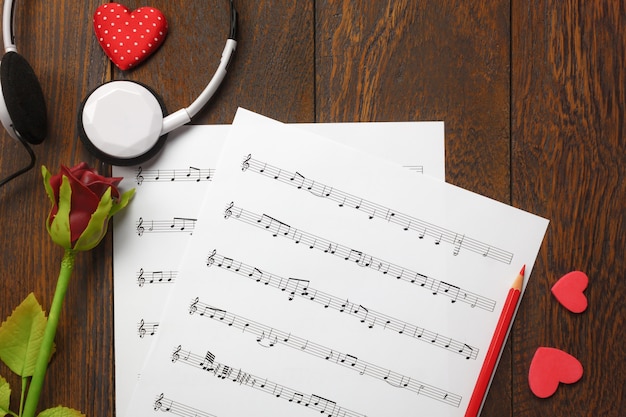 Photo top view valentines day love song music background.