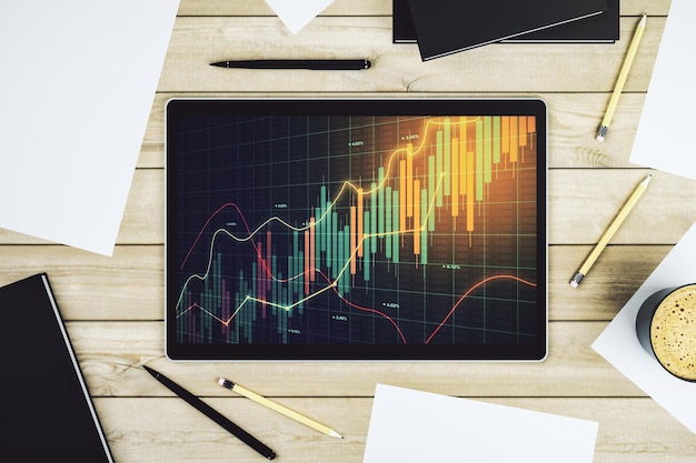 Top view van abstracte creatieve financiële grafiek op een modern digitaal tablet scherm forex en belegging concept 3D Rendering
