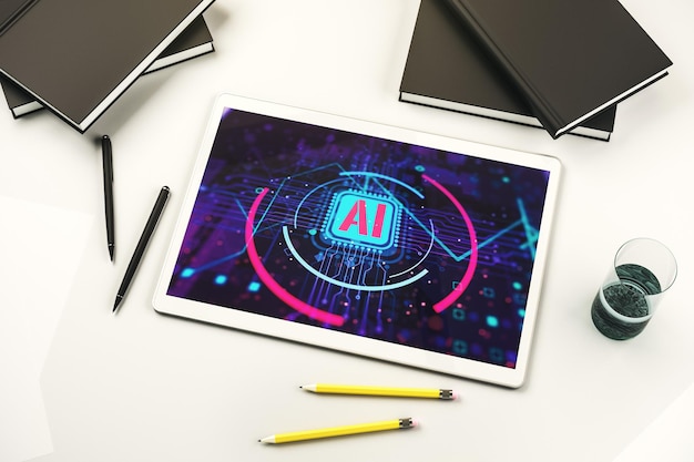 Foto top view van een modern digitaal tablet scherm met creatieve kunstmatige intelligentie afkorting toekomstige technologie en ai concept 3d rendering