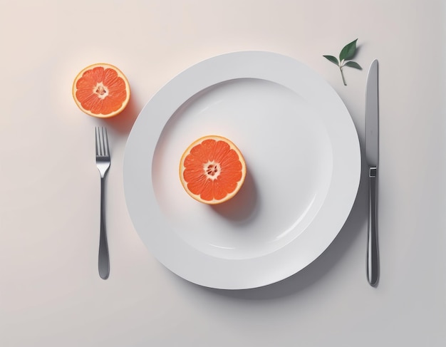 top view van gesneden sinaasappel plakjes en mes met vork en mes op witte plaat op marmeren tafel top vi