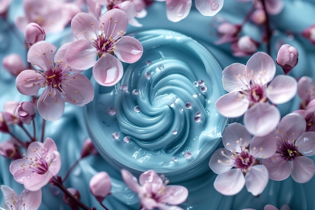 Foto top view van glas cosmetische pot huidverzorging op pastelblauwe achtergrond met bloemen