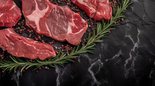 Foto top view van rauwe vlees steaks op zwarte rots achtergrond naadloze rauwe vlees achtergrond rundvlees steak winkel selectie van rundvlees steaks