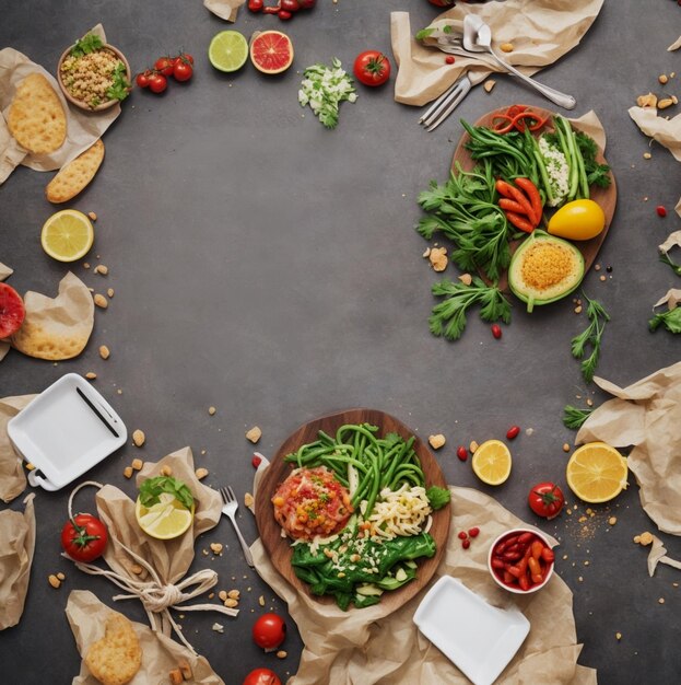 Foto vista dall'alto delle varietà di alimenti con spazio vuoto