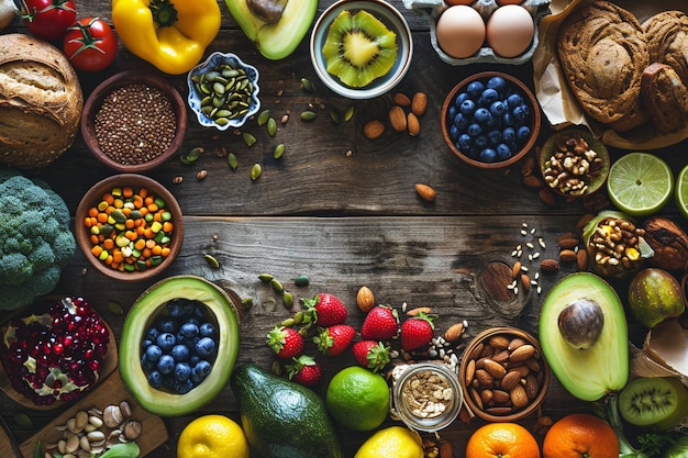 Foto vista dall'alto di una varietà di alimenti salutari