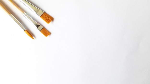 Top view of a variety of paint brushes on a white background with room for text. Creative postcard