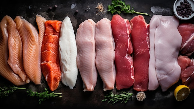 Photo top view of a variety of raw meat and fish on the tray