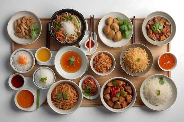 A top view of various Asian spices and seasonings on a white background