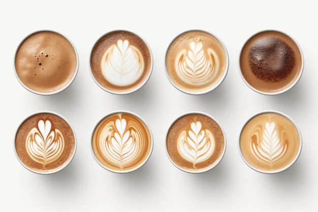 Top view of various coffee latte or cappuccino cups on white background