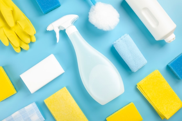 Top view of various detergents and cleaning products