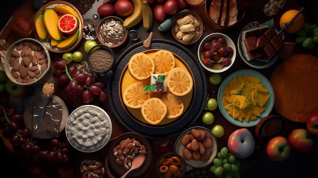 Top view of various foods as culinary concept background illustration Generative AI