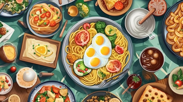 Top view of various foods as culinary concept background illustration