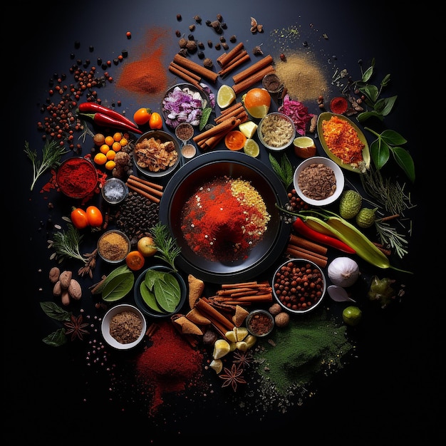 カラフルなインスタレーションのスタイルで、暗い背景にさまざまな食べ物の上面図