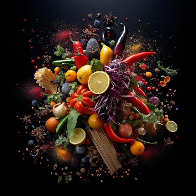 Top view of various foods on a dark background in the style of colorful installations