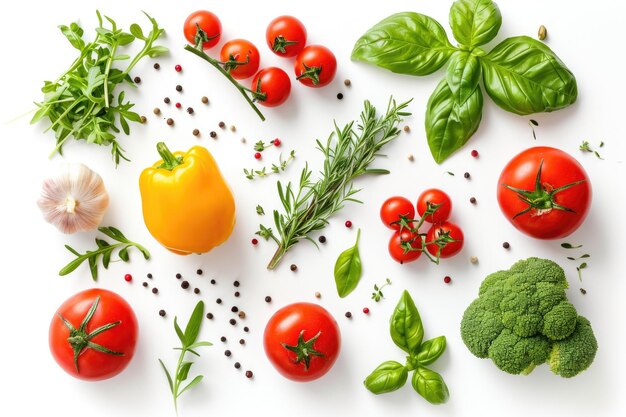 top view of various fresh vegetables and herbs isolated on white