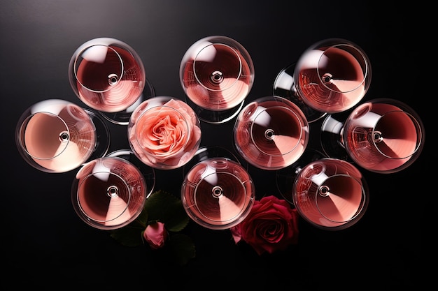 Top view of various glasses filled with rose wine arranged on a plain white background Perfect for s