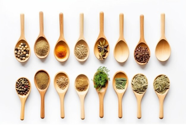 Photo top view of various herbs and spices in wooden spoons generative ai