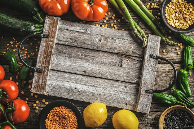 Foto vista dall'alto di varie verdure biologiche su sfondo di legno che promuovono un'alimentazione pulita e un'alimentazione sana