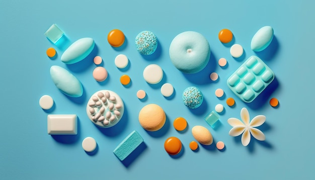 Top view of various pills on a trendy blue background