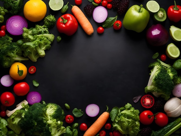 Top view of various salad vegetables on the dark black background