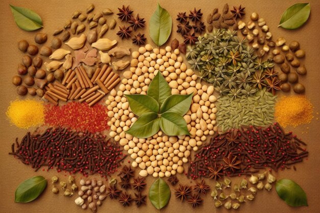 Top view of various spices arranged in a pattern created with generative ai