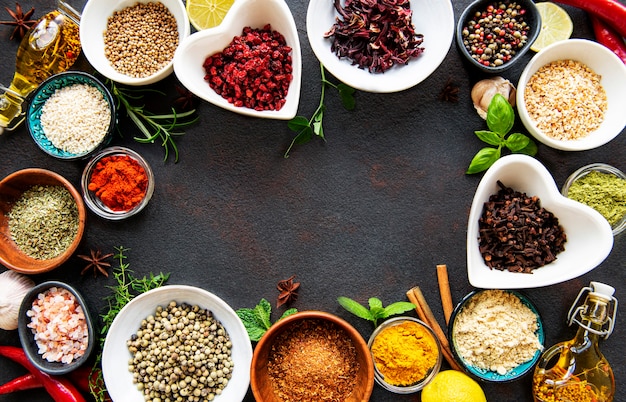 Top view of various spices and vegetables