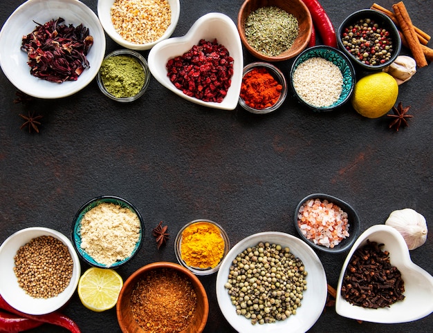 Top view of various spices and vegetables