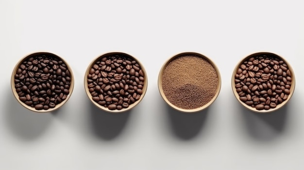 Top view of various types of coffee in bowls