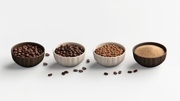 Top view of various types of coffee in bowls