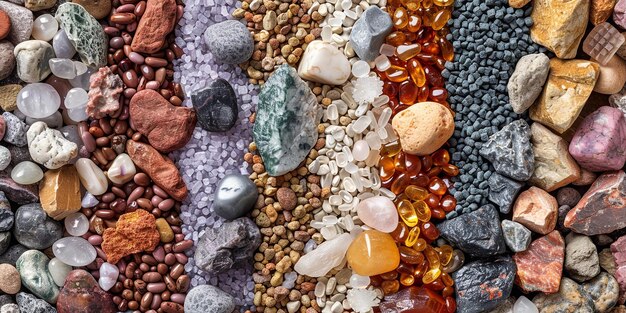 다양한 유형과 색상의 돌의 상단 뷰 미니 바위는 깨한 배경이나 자연 배경에서 줄로 유지됩니다.