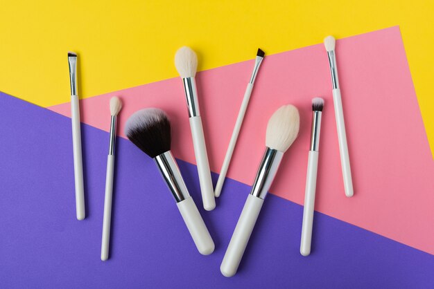 Top view of various types  of makeup brushes