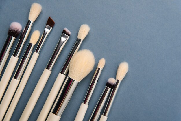 Top view of various types  of makeup brushes