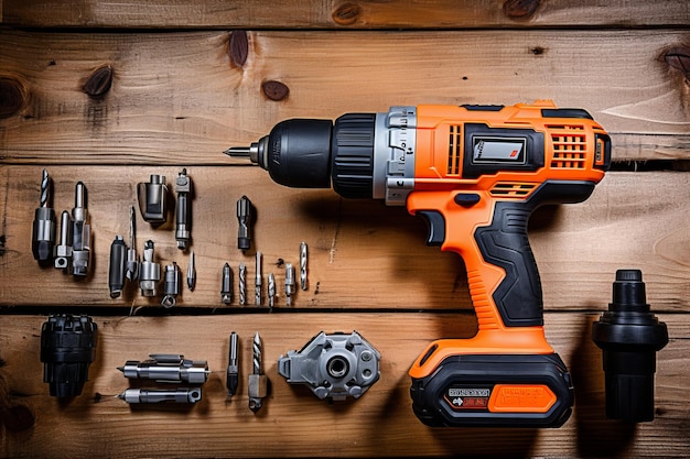 Top view of various working tools on vintage wooden background with rustic charm