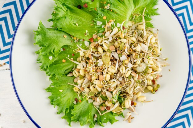 Top view of vegan healthy salad made of peas microgreen sprouts and sprouted beans on wooden surface.