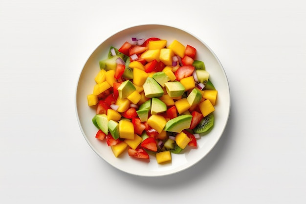 Top View Vegan Mango Salsa With Avocado On White Round Plate On White Background Generative AI