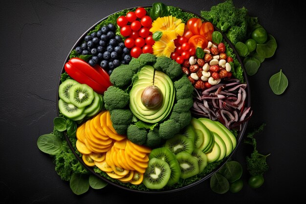 Photo top view on vegan salad from green leaves mix and vegetables on dark background generated ai