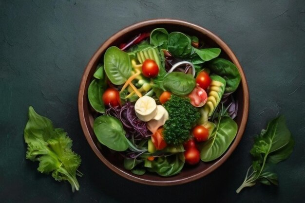 Top view on vegan salad from green leaves mix and vegetables on dark green background generated ai