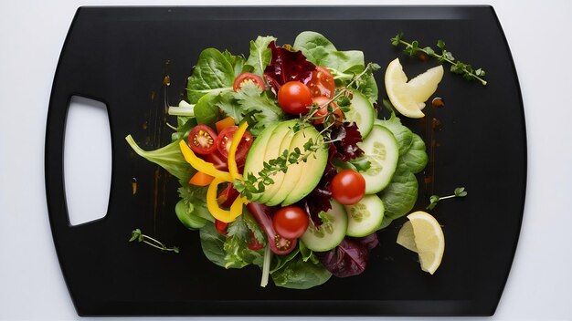 Photo top view of vegan salad with fresh ingredients in a plate on black cutting board