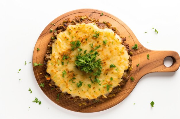 Top View Vegan Shepherds Pie On A Wooden Boardon White Background