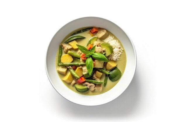 Top View Vegan Thai Green Curry On White Round Plate On White Background Generative AI