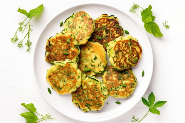 Top View Vegan Zucchini Fritters On White Round Plate On White Background