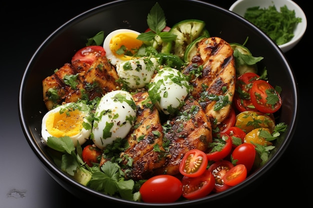 Top view vegetable chicken salad with tomatoes on light desk ar c