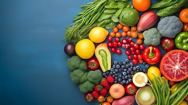 Top view vegetable composition with fresh fruits on a blue table